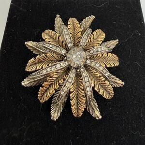 VINTAGE ART Arthur Pepper Feather Rhinestone Brooch Signed Two Tone Gold Silver